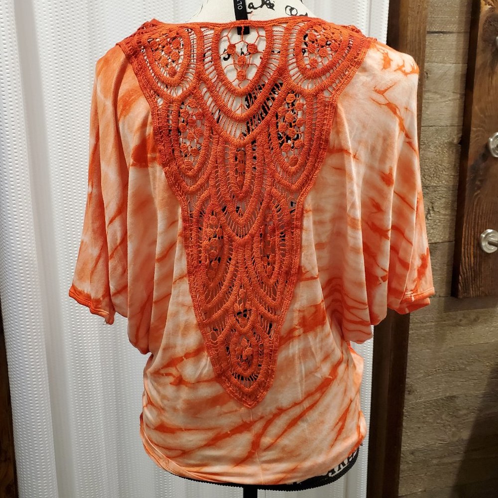 Olivia V-Neck Tie Dye Crochet Top Medium Stretch Soft USA Made Boho Blouse - Picture 2 of 11